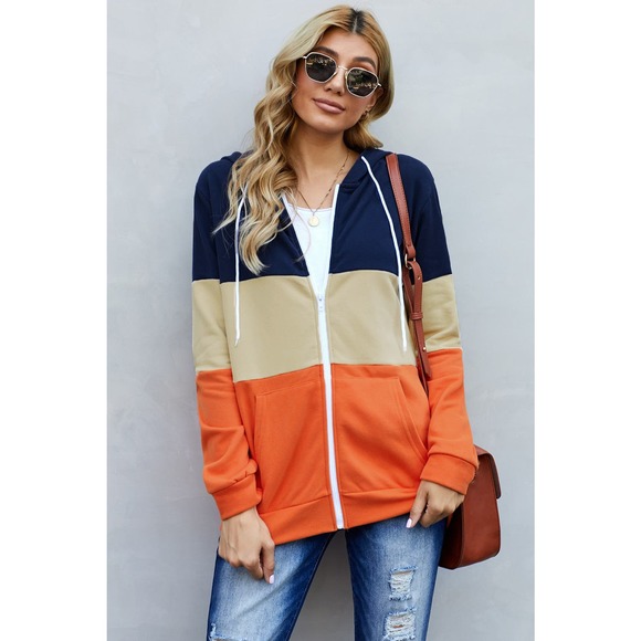 BLUE TAN ORANGE COLOR BLOCK FULL ZIP DRAWSTRING HOODIE SIZE 2XL 18-20 - Picture 11 of 11